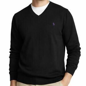 Polo Ralph Lauren Mens XL Black V-Neck Sweater 100% Pima Cotton Purple Pony